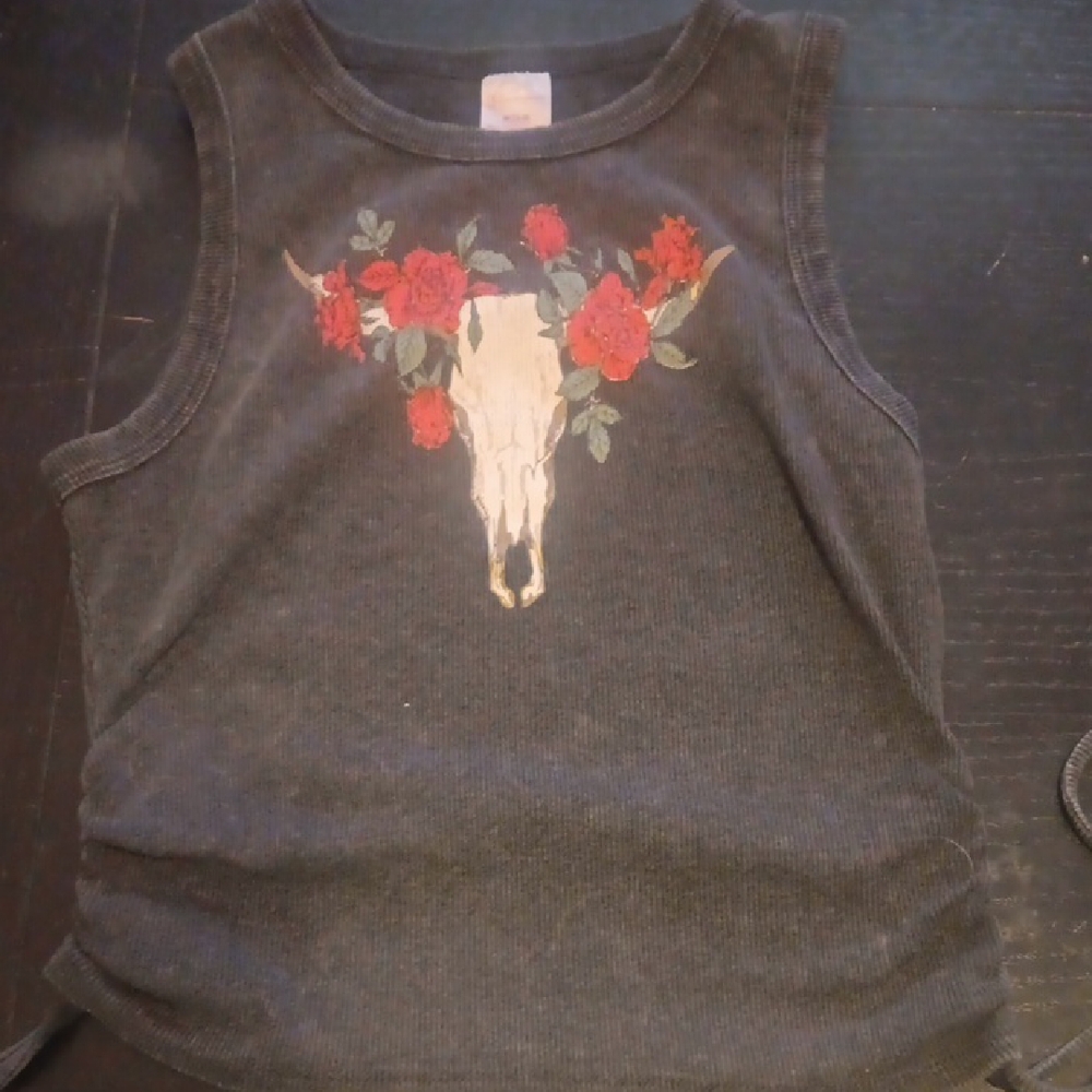 No Boundaries  Black Tank Top with Skull and Floral Design